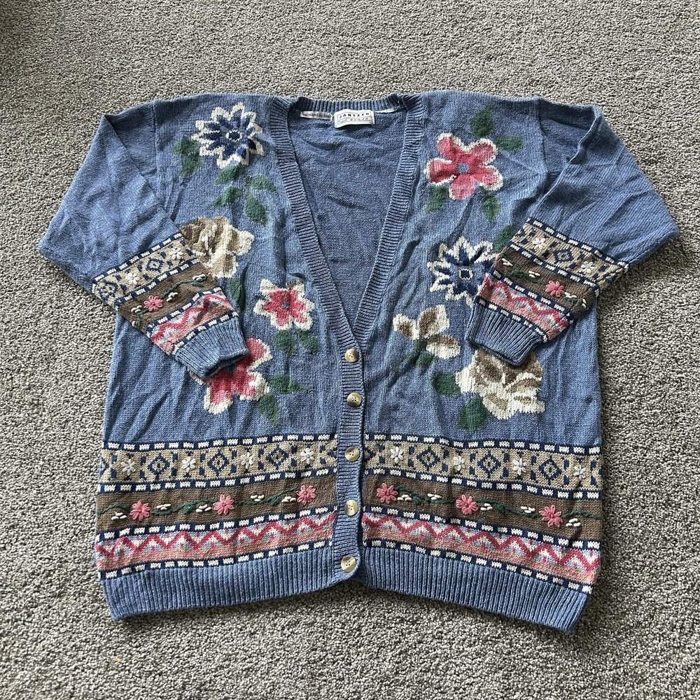 Vintage Jantzen Cardigan Sweater Womens XL Blue Floral Embroidered Button Front